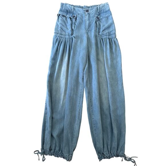Oli & Hali Pants Large Wide Leg ankle ties Chambray Tencel waist 30" medium - Picture 2 of 16